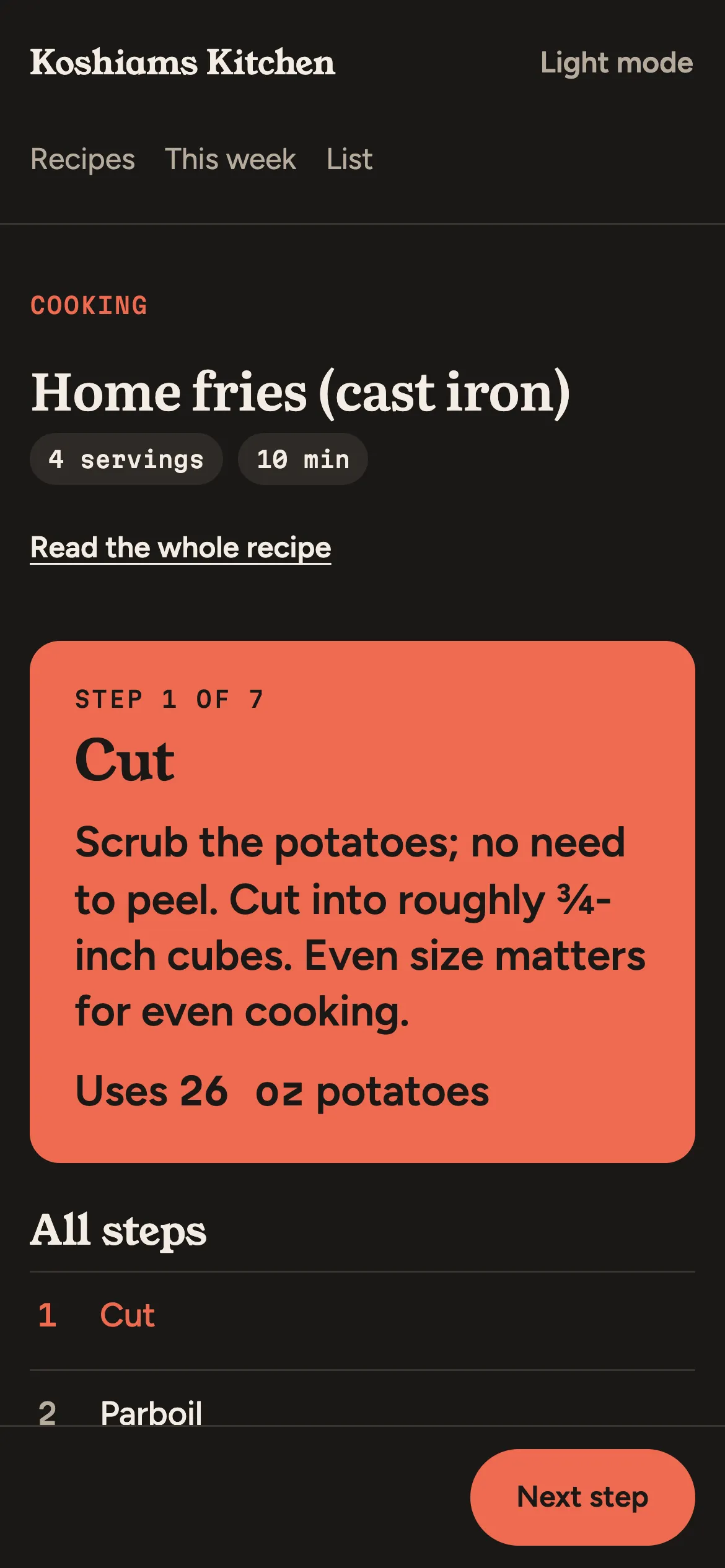 The cooking view: one step at a time in large type, with the ingredients that step uses