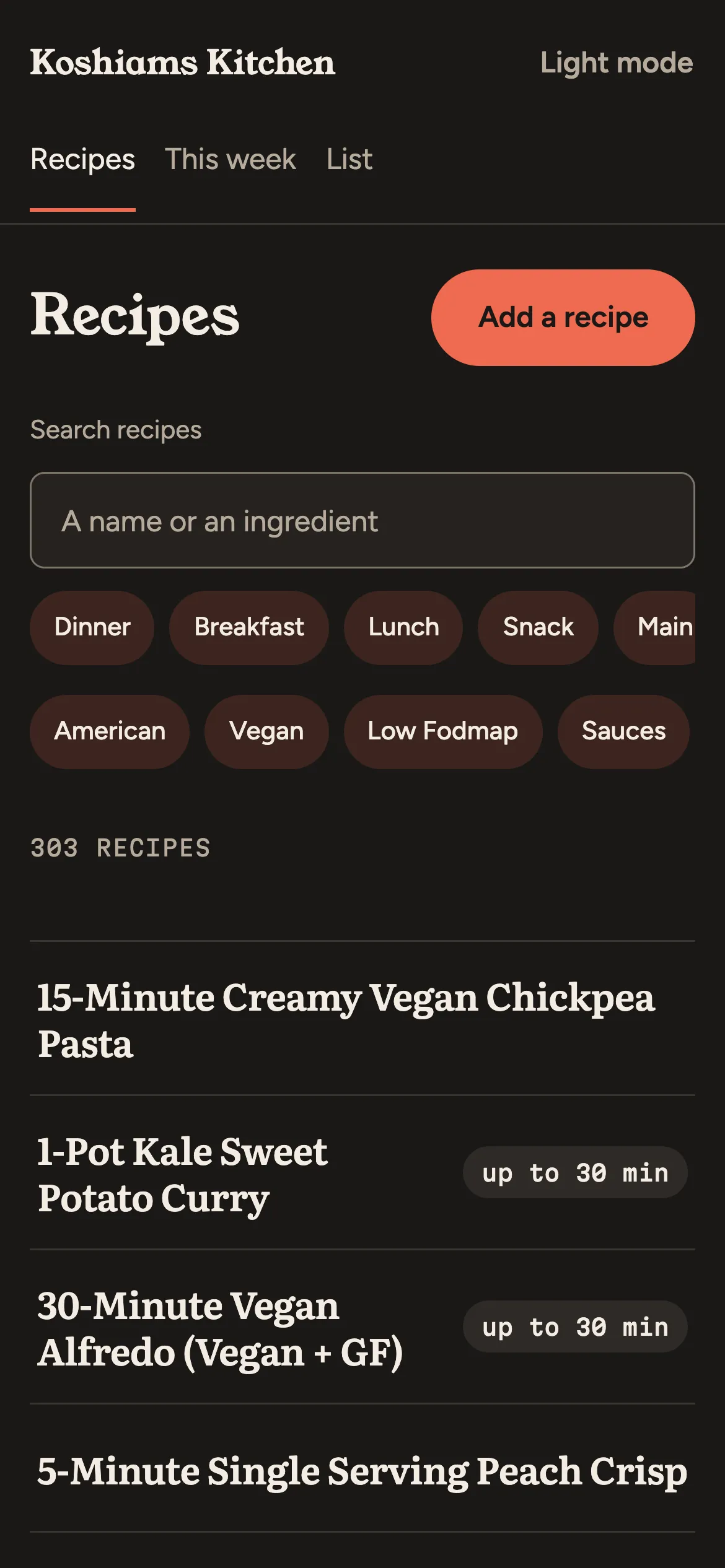 Koshiams Kitchen's recipe list, with search and filters by meal and cuisine