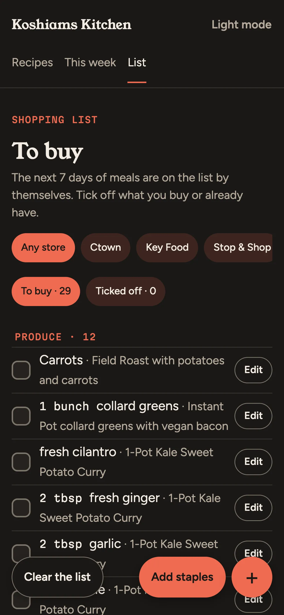 The shopping list, grouped by section, with the recipe each item is for
