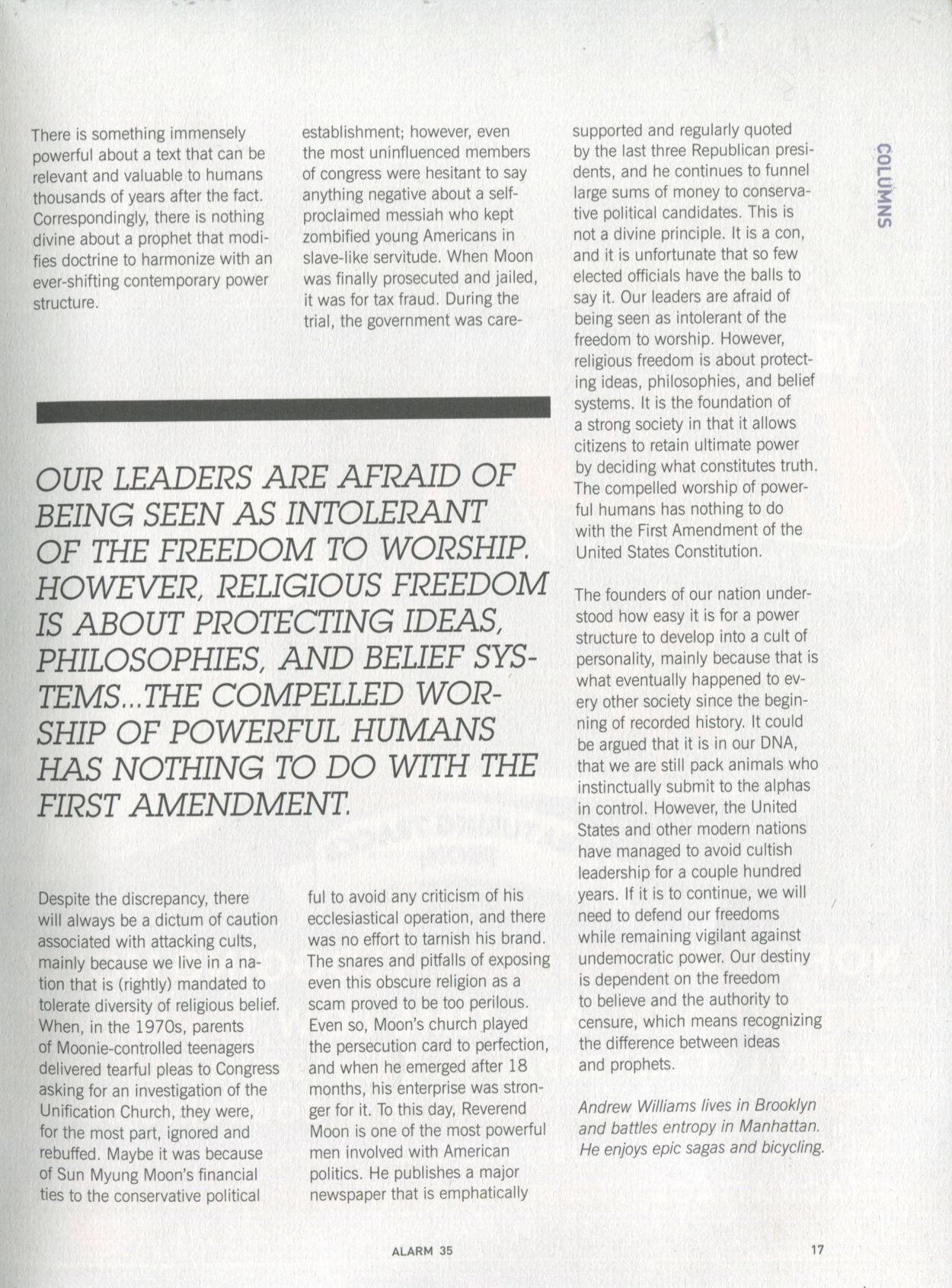 Cult Psychology, Alarm issue 35 column scan, page 2 of 2