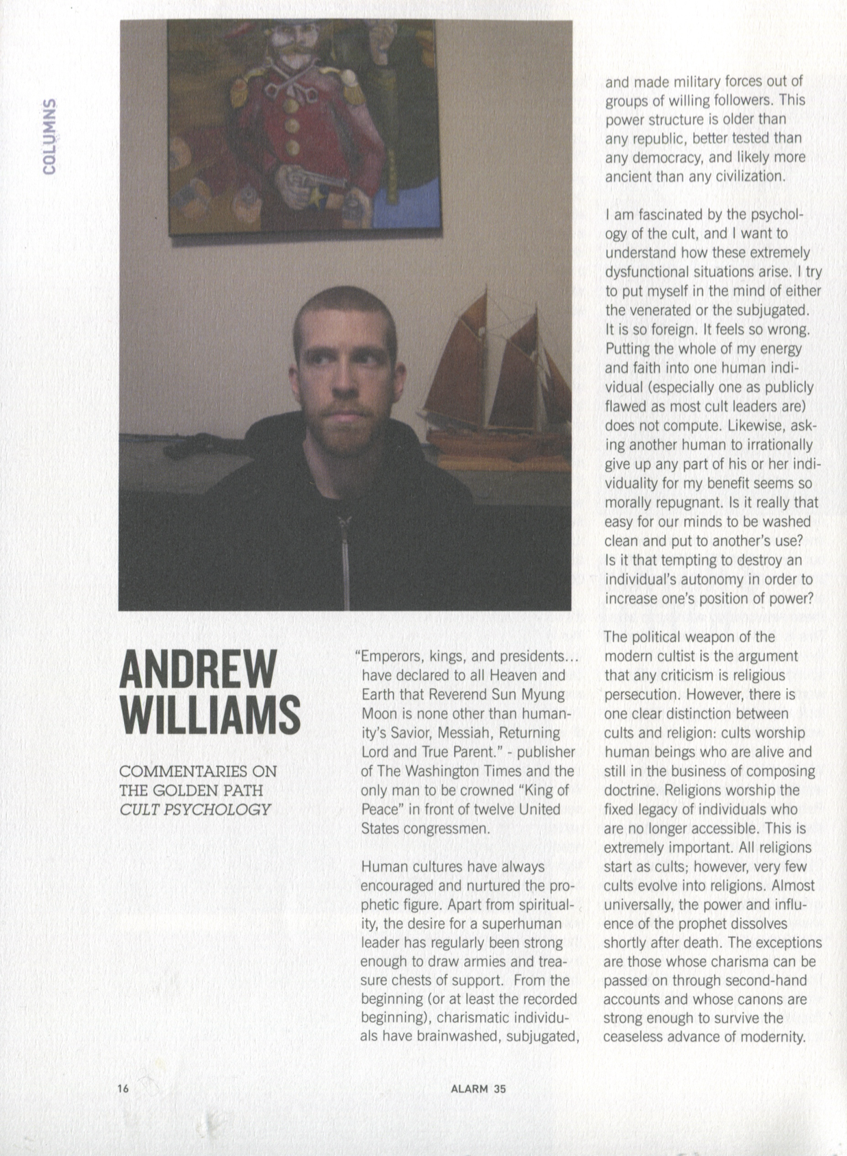 Cult Psychology, Alarm issue 35 column scan, page 1 of 2