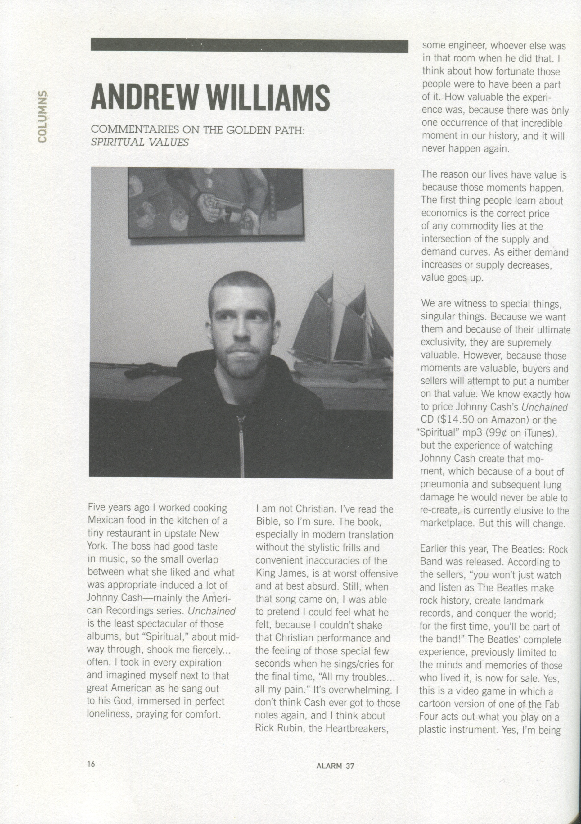 Spiritual Values, Alarm issue 37 column scan, page 1 of 2